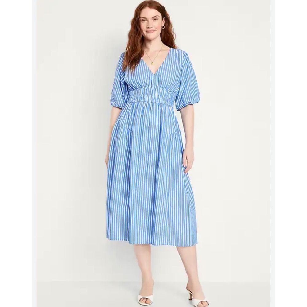 Old Navy Maternity Dress XL Blue Striped V-Neck Midi Dress